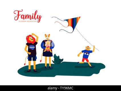 Lion Familie verbringt die Zeit in der Natur. Die Mutter kümmert sich um die Babys. Vater und Sohn ein Spielzeug Drachen fliegen. Konzept der Picknick, Erholung, Entspannung am Wochenende, happy Elternschaft. Flache Vektor auf Weiß isoliert. Stock Vektor