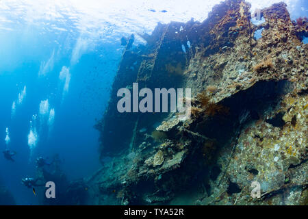 Taucher die Erkundung der Liberty Wrack, Tulamben, Bali, Indonesien. Stockfoto