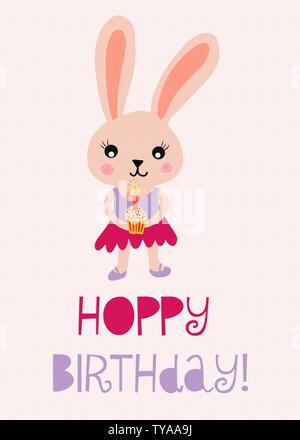 Alles Gute zum Geburtstag bunny Cute Vector Illustration für Kinder geburtstag Karte. Hoppy Geburtstag mit Kaninchen Holding eine Cupcake mit einer Kerze. Stock Vektor