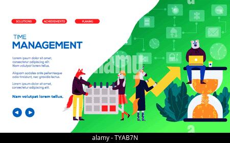 Mitglied von Team Arbeit im Verstand halten Wert der Zeit für Ziel achivement, Produktivität. Arbeitsumgebung mit Kalender, Sanduhr, Pfeil, Anlage. Vektor Konzept der zeit management, Multitasking. Stock Vektor