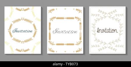 Set Einladungskarten mit Leafs golden Kalligraphie Vector Illustration Design Stock Vektor