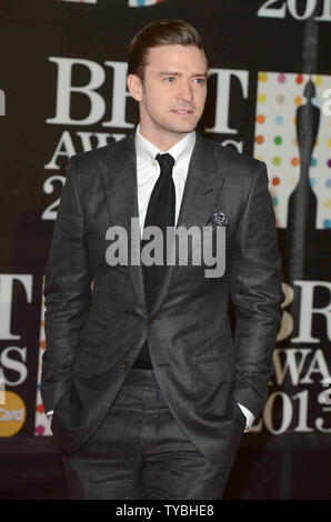 Us-Sänger Justin Timberlake nimmt an den Brit Awards 2013 in der O2 Arena in London am 20. Februar 2013. UPI/Paul Treadway Stockfoto