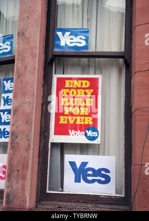 Ein Gebäude mit einer großen Anzahl von 'Ja' Poster für die Unabhängigkeit am Tag schottische Bewohnern die zukünftige politische Richtung, die ihr Land in Glasgow, Schottland am 18. September 2014 dauert, entscheiden." 97 Prozent der Bevölkerung registriert hat zu stimmen. Das Urteil morgen bekannt gegeben werden. UPI/Hugo Philpott Stockfoto