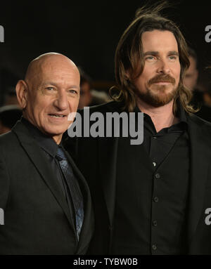 Der britische Schauspieler Christian Bale und Ben Kingsley Besuchen die Premiere von 'Exodus: Götter und Könige' Weltpremiere im Odeon, Leicester Square in London am 3. Dezember 2014. UPI/Rune Hellestad Stockfoto