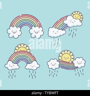 Süße Sommer Sonne und Wolken regnerisch mit Regenbogen kawaii Zeichen illustration Design Stock Vektor