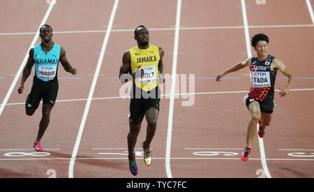 Jamaikaner Usain Bolt gewinnt seine Wärme in die 100 Meter im Jahr 2017 IAAF Leichtathletik WM im Olympischen Stadion, London am August 04, 2017. Schraube gewann in einer Zeit von 10.07 Sekunden. Foto von Hugo Philpott/UPI Stockfoto