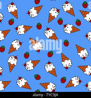 Eis und Rote Erdbeere auf blauem Hintergrund nahtlose Muster für die Verpackung. Stockfoto
