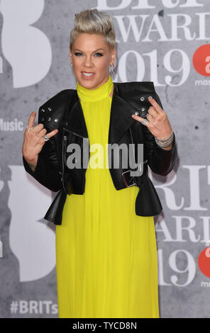 Us-Sängerin Pink nimmt an den Brit Awards in der O2 Arena in London am 20. Februar 2019. Foto von Rune Hellestad/UPI Stockfoto