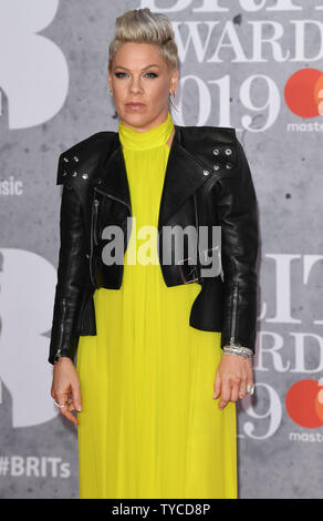 Us-Sängerin Pink nimmt an den Brit Awards in der O2 Arena in London am 20. Februar 2019. Foto von Rune Hellestad/UPI Stockfoto