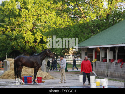 Eine Pferde wird durch seine Stallknechte gewaschen nach dem frühen Morgen Training auf Churchill Downs in Louisville, Kentucky, 3. Mai 2017. Trainer bereiten ihre Pferde für die 143 läuft der Kentucky Derby an Churchill Downs am 6. Mai stattfinden werden. Foto von John Sommers II/UPI Stockfoto