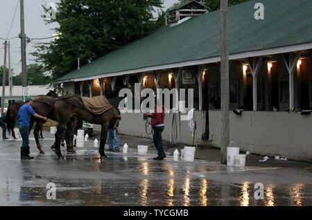 Pferd sind in ihrem Bräutigam auf der Rückseite in der Churchill Downs gewaschen nach Morgen Workouts in Louisville, Kentucky, 4. Mai 2017. Trainer bereiten ihre Pferde für die 143 läuft der Kentucky Derby an Churchill Downs am 6. Mai stattfinden werden. Foto von John Sommers II/UPI Stockfoto