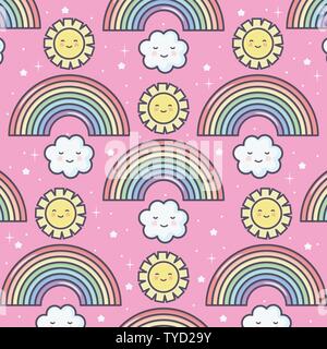 Süße Sommer Sonne und Wolken mit Regenbogen kawaii Muster Abbildung design Stock Vektor