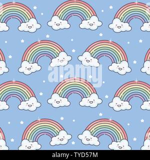 Süße Sommer Sonne und Wolken mit Regenbogen kawaii Muster Abbildung design Stock Vektor
