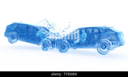 3D-gerenderte Abbildung von zwei kollidierenden Autos Stockfoto