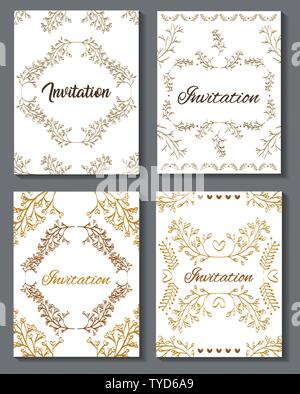 Set Einladungskarten mit Leafs golden Kalligraphie Vector Illustration Design Stock Vektor