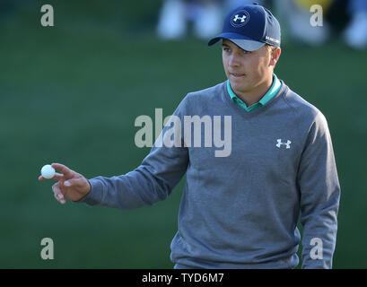 Jordanien Spieth reagiert nach ein par auf dem 16 Loch in der dritten Runde der Masters 2016 in Augusta National in Augusta, Georgia am 9. April 2016. Foto von Kevin Dietsch/UPI Stockfoto