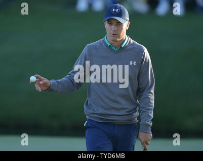 Jordanien Spieth reagiert nach ein par auf dem 16 Loch in der dritten Runde der Masters 2016 in Augusta National in Augusta, Georgia am 9. April 2016. Foto von Kevin Dietsch/UPI Stockfoto