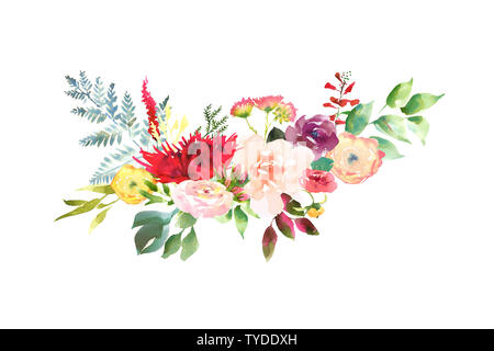 Helle Hochzeit Braut romanric Bouquet. Hand zeichnen Aquarell rot und lila und grün Blumen ornament Stockfoto