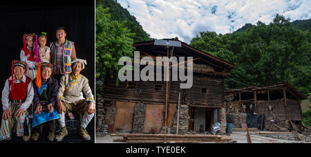 (190626) - Kunming, Juni 26, 2019 (Xinhua) - Combo Foto am 23. Juni 2019 zeigt eine Familie Foto (L) von Wang Lige (R), Nu ethnische Gruppe, und Wang von Haus und Heim-inn im Bau in Qiunatong Dorf Bingzhongluo Township, Gongshan County, im Südwesten der chinesischen Provinz Yunnan. Das Ackerland brachten die jährlichen Einnahmen von etwa 40.000 Yuan (ca. 5.821 US-Dollar) für Wang's Familie. Zhiguo Minderheiten sind spezielle Mitglieder der 56 ethnischen Gruppen in China. Der Begriff Zhiguo zu Minderheiten, die vor Modernisierung, relativ isoliert gelebt hatte und übersprang die Übergang peri bezieht sich Stockfoto