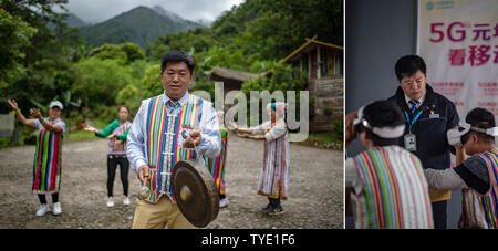 (190626) - Kunming, Juni 26, 2019 (Xinhua) - Combo Foto am 21. Juni 2019 zeigt das Portrait von Ma Chunhai (L), Dulong ethnische Gruppe, und Ma Regie lokale Leute, 5G VR-Geräte in Dulongjiang Township von Gongshan County, im Südwesten der chinesischen Provinz Yunnan. Ma arbeitet in China Mobile Service Halle in Dulongjiang Township, wo 5 G erleben Basisstation dieses Jahr eröffnet wurde. Zhiguo Minderheiten sind spezielle Mitglieder der 56 ethnischen Gruppen in China. Der Begriff Zhiguo bezieht sich auf die Minderheiten, die vor Modernisierung, relativ isoliert gelebt hatte und übersprang die Übergangszeit ein Stockfoto