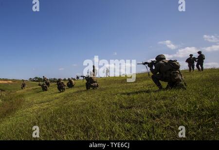 Marinesoldaten und Matrosen Durchführung einer Live-fire Angriff auf Bereich 2, ein Maschinengewehr in der zentralen Ausbildung Bereich des Lagers Hansen, Okinawa, Japan während Blau Chromit 17, November 3, 2016. Blau Chromit ist eine in den USA - nur Übung, die die Navy-Marine Corps expeditionary, Amphibischen schnelle Reaktionsfähigkeit in Okinawa und die größere Indo-Asia-Pazifik-Region stärkt. 3 Bataillon, 3. Marine Regiment, ist ein Einsatz von Kaneohe Bay, Hawaii, 3. Marine Division, III Marine Expeditionary Force in Okinawa, Japan. Stockfoto