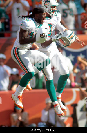 Miami Dolphins quarterback Matt Moore (8) und Wide Receiver Devon Bess (15) einen Touchdown während der zweiten Hälfte Aktion feiern, zwischen den Miami Dolphins und die New York Jets Januar 1, 2011 at Sun Life Stadium in Miami, Florida. . UPI Foto/Susan Knowles. Stockfoto