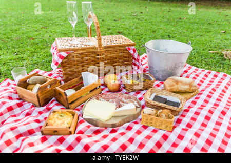 Tolles Konzept der Pic-nic, Pic-nic mit Obst und Saft auf grünen Rasen mit schöner Aussicht Stockfoto