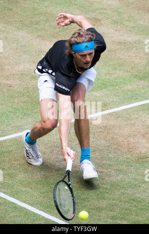 Alexander Zverev (GER) mit Kugel, Single Action mit Kugel, Aktion, vollständige Abbildung, Hochformat, Tennis, Viertelfinale, 27 NOVENTI Open 2019 ATP World Tour am 21.06.2019 in Halle (Westf.)/Deutschland. | Verwendung weltweit Stockfoto