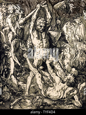 Herkules tötet Cacus Hendrick Goltzius 1558 - 1617 (Holzschnitt) in den Niederlanden, Deutschland, Holland. (In der römischen Mythologie, Cacus war ein Feuer speienden Riesen und der Sohn der Vulkanier. Er wurde von Hercules nach Terrorisiert den Aventin vor der Gründung von Rom getötet) Stockfoto