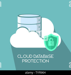 Cloud Datenbank Server auf Wolke mit Schild schutz Einfache saubere, flache lange Schatten Symbol Illustration für Web Design, Element, Drucken und Präsentation Stockfoto