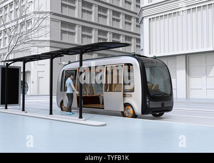 In einer Bushaltestelle einen Mann auf einem autonomen Bus. Die Bushaltestelle mit Solarzellen ausgestattet. 3D-Bild. Stockfoto