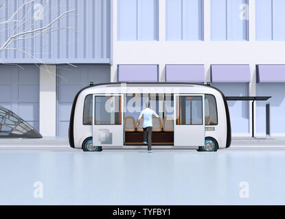 In einer Bushaltestelle einen Mann auf einem autonomen Bus. Die Bushaltestelle mit Solarzellen ausgestattet. 3D-Bild. Stockfoto