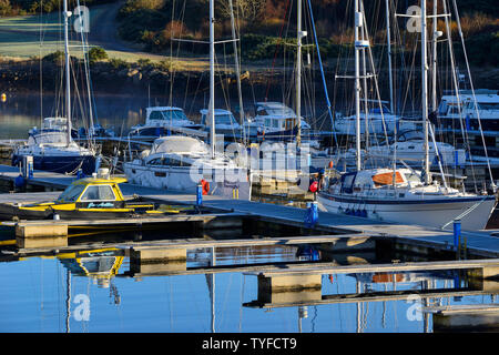 Yachten und Kreuzfahrtschiffe im Hafen an Portavadie Marina am Loch Fyne in Argyll und Bute, Schottland, Großbritannien Stockfoto