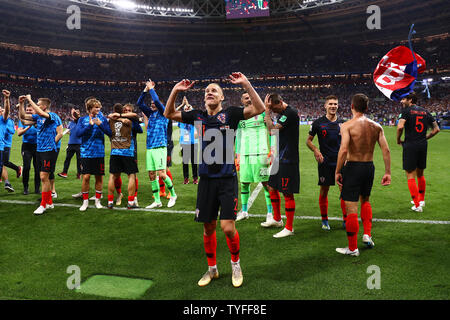 Kroatien feiern die 2018 FIFA World Cup Halbfinale in Luzhniki Stadion in Moskau, Russland, am 11. Juli 2018. Kroatien beat England 2-1 für die Endrunde zu qualifizieren. Foto von Chris Brunskill/UPI Stockfoto