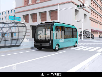 Selbstfahrer shuttle bus fährt durch einen Schnittpunkt. 3D-Bild. Stockfoto