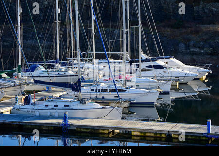 Yachten und Kreuzfahrtschiffe im Hafen an Portavadie Marina am Loch Fyne in Argyll und Bute, Schottland, Großbritannien Stockfoto