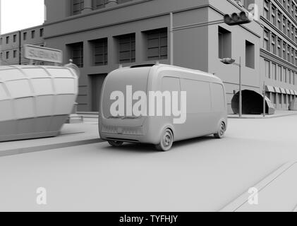 Ton Rendering an Elektrisch betriebenen autonomen Shuttle Bus fahren durch einen Schnittpunkt. Transparente Textur Wirkung. 3D-Bild Stockfoto