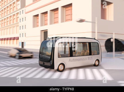 Selbstfahrer shuttle bus fährt durch einen Schnittpunkt. 3D-Bild. Stockfoto