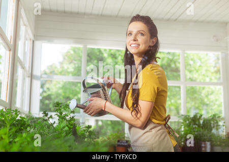 Lächelnd florist Bewässerung von Pflanzen in einem Shop. Stockfoto