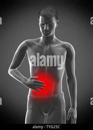 3D-gerenderte Medizinisch genaue Abbildung eines Mans schmerzhafte Magen Stockfoto