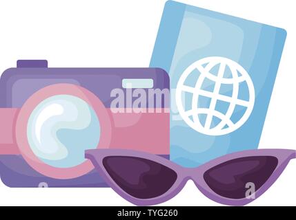 Kamera mit Reisepass und Sonnenbrille Vector Illustration Design Stock Vektor