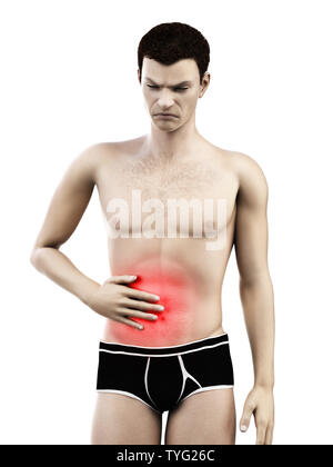 3D-gerenderte Medizinisch genaue Abbildung eines Mans schmerzhafte Magen Stockfoto