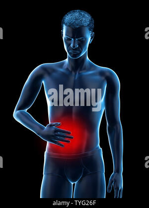 3D-gerenderte Medizinisch genaue Abbildung eines Mans schmerzhafte Magen Stockfoto