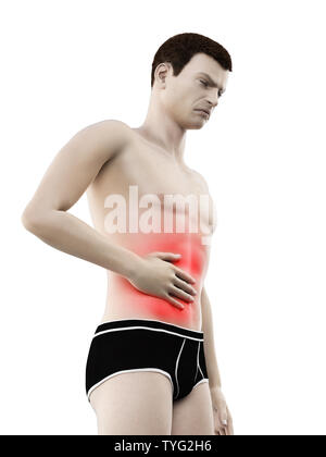 3D-gerenderte Medizinisch genaue Abbildung eines Mans schmerzhafte Magen Stockfoto