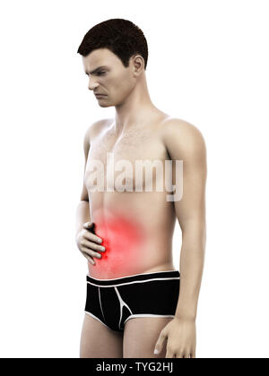 3D-gerenderte Medizinisch genaue Abbildung eines Mans schmerzhafte Magen Stockfoto