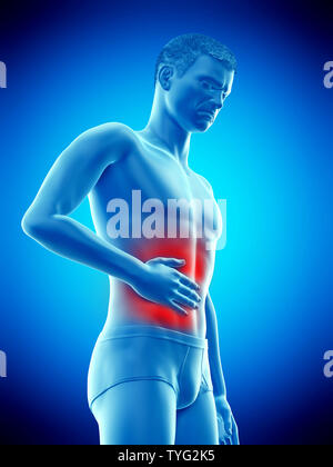 3D-gerenderte Medizinisch genaue Abbildung eines Mans schmerzhafte Magen Stockfoto