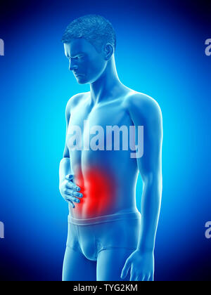 3D-gerenderte Medizinisch genaue Abbildung eines Mans schmerzhafte Magen Stockfoto