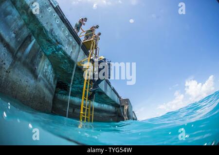 Chief Petty Officer Jesse Hamblin, Underwater Bau Team (UCT) 2 Bau Dive Loslösung Bravo (CDDB), das Tauchen Leiter steigt beim Leiten der Taucharbeiten in Diego Garcia, Britisches Territorium im Indischen Ozean, Nov. 8, 2016 zugeordnet. CDDB ist die Präzision unter Wasser Abriss und leichten Bergung Sprühbehinderungen von Diego Garcia ist tief Entwurf Wharf zu entfernen. CDDB ist auf der dritten Haltestelle Ihrer Bereitstellung, in dem Sie die Inspektion, Wartung und Reparatur der verschiedenen Unterwasser- und Waterfront Einrichtungen während unter Commander, Task Force (CTF) 75, die primäre Ex Stockfoto