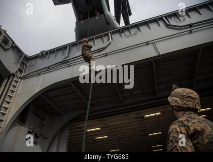 USS MAKIN ISLAND, auf hoher See (8. November 2016) – A Marine Battalion Landing Team 1. BN, 4. Marines, 11. Marine Expeditionary Unit, beendet die Rückseite ein MV-22 Osprey, Verwendung der schnell-Seil Hubschrauber Seil Aussetzung Technik (HRST) Methode während HRST Ausbildung an Bord der USS Makin Island (LHD 8), während flott in den Pazifischen Ozean, 8. November 2016 durchgeführt. Das Training wurde durchgeführt, um zu erhöhen die Marines-Fähigkeiten, um Operationen schnell-Seil, das ist eine Fertigkeit, die sie benutzen konnten, während Einsätzen während der MEU Westpazifik 16-2 Bereitstellung an den Pazifik und Mittel- Stockfoto