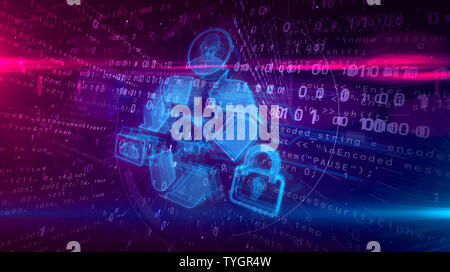 Datenmanagement Hologramm auf dynamische FUTURISTISCHEN Hintergrund. Modernes und futuristisches Konzept von Dateien, die Speicherung, Cyber Security, Computer und digitale p Stockfoto